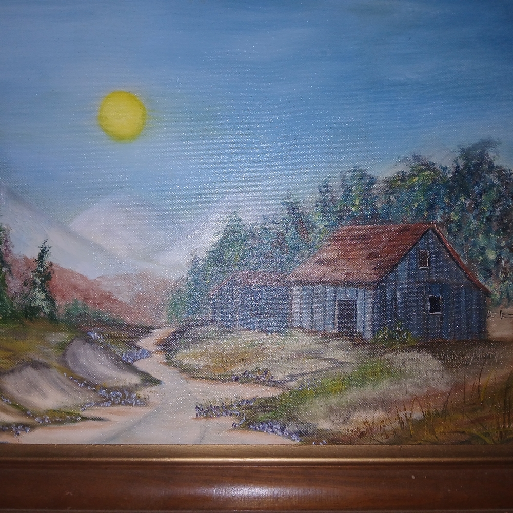 Org Oil On Canvas Painting Artist Signed 1984 Farmhouse Barn 23x20 W/frame